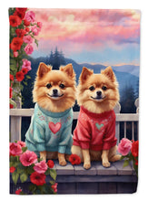 Load image into Gallery viewer, Pomeranian Two Hearts Garden Flag –  Romantic Dog Pair with Sunset &amp; Mountain Background