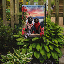 Load image into Gallery viewer, Portuguese Water Dog Two Hearts Garden Flag –  Romantic Dog Pair with Sunset &amp; Mountain Background