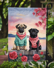 Load image into Gallery viewer, Pug Two Hearts Garden Flag –  Romantic Dog Pair with Sunset &amp; Mountain Background