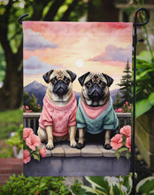Load image into Gallery viewer, Pug Two Hearts Garden Flag –  Romantic Dog Pair with Sunset &amp; Mountain Background