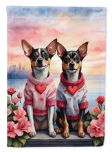 Load image into Gallery viewer, Rat Terrier Two Hearts Garden Flag –  Romantic Dog Pair with Sunset &amp; Mountain Background