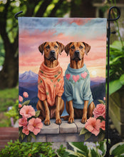 Load image into Gallery viewer, Rhodesian Ridgeback Two Hearts Garden Flag –  Romantic Dog Pair with Sunset &amp; Mountain Background