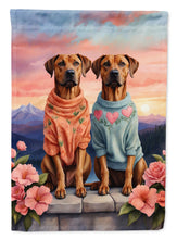 Load image into Gallery viewer, Rhodesian Ridgeback Two Hearts Garden Flag –  Romantic Dog Pair with Sunset &amp; Mountain Background