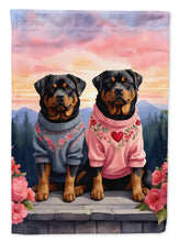 Load image into Gallery viewer, Rottweiler Two Hearts Garden Flag –  Romantic Dog Pair with Sunset &amp; Mountain Background