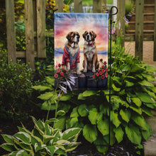 Load image into Gallery viewer, Saint Bernard Two Hearts Garden Flag –  Romantic Dog Pair with Sunset &amp; Mountain Background