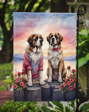 Load image into Gallery viewer, Saint Bernard Two Hearts Garden Flag –  Romantic Dog Pair with Sunset &amp; Mountain Background