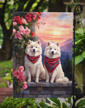 Load image into Gallery viewer, Samoyed Two Hearts Garden Flag –  Romantic Dog Pair with Sunset &amp; Mountain Background