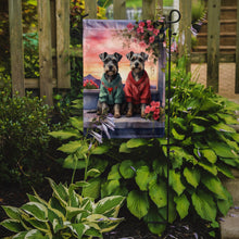 Load image into Gallery viewer, Schnauzer Two Hearts Garden Flag –  Romantic Dog Pair with Sunset &amp; Mountain Background