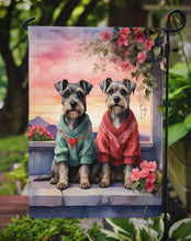 Load image into Gallery viewer, Schnauzer Two Hearts Garden Flag –  Romantic Dog Pair with Sunset &amp; Mountain Background