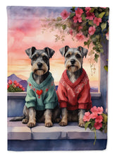 Load image into Gallery viewer, Schnauzer Two Hearts Garden Flag –  Romantic Dog Pair with Sunset &amp; Mountain Background