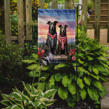 Load image into Gallery viewer, Scottish Deerhound Two Hearts Garden Flag –  Romantic Dog Pair with Sunset &amp; Mountain Background