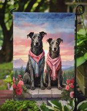 Load image into Gallery viewer, Scottish Deerhound Two Hearts Garden Flag –  Romantic Dog Pair with Sunset &amp; Mountain Background