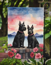 Load image into Gallery viewer, Scottish Terrier Two Hearts Garden Flag –  Romantic Dog Pair with Sunset &amp; Mountain Background