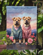 Load image into Gallery viewer, Shar Pei Two Hearts Garden Flag –  Romantic Dog Pair with Sunset &amp; Mountain Background