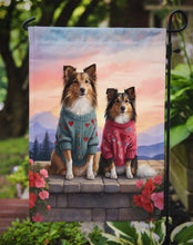 Load image into Gallery viewer, Sheltie Two Hearts Garden Flag –  Romantic Dog Pair with Sunset &amp; Mountain Background