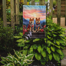 Load image into Gallery viewer, Shiba Inu Two Hearts Garden Flag –  Romantic Dog Pair with Sunset &amp; Mountain Background