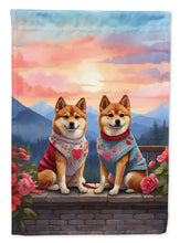 Load image into Gallery viewer, Shiba Inu Two Hearts Garden Flag –  Romantic Dog Pair with Sunset &amp; Mountain Background
