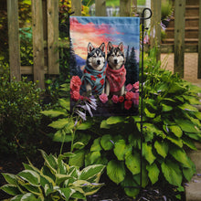 Load image into Gallery viewer, Siberian Husky Two Hearts Garden Flag –  Romantic Dog Pair with Sunset &amp; Mountain Background