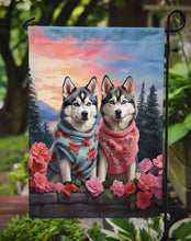 Load image into Gallery viewer, Siberian Husky Two Hearts Garden Flag –  Romantic Dog Pair with Sunset &amp; Mountain Background
