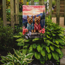 Load image into Gallery viewer, Silky Terrier Two Hearts Garden Flag –  Romantic Dog Pair with Sunset &amp; Mountain Background