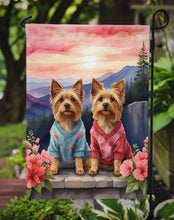 Load image into Gallery viewer, Silky Terrier Two Hearts Garden Flag –  Romantic Dog Pair with Sunset &amp; Mountain Background
