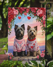 Load image into Gallery viewer, Skye Terrier Two Hearts Garden Flag –  Romantic Dog Pair with Sunset &amp; Mountain Background