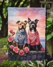 Load image into Gallery viewer, Staffordshire Bull Terrier Two Hearts Garden Flag –  Romantic Dog Pair with Sunset &amp; Mountain Background