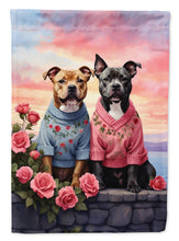 Load image into Gallery viewer, Staffordshire Bull Terrier Two Hearts Garden Flag –  Romantic Dog Pair with Sunset &amp; Mountain Background