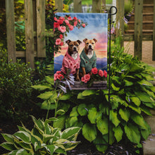 Load image into Gallery viewer, Staffordshire Bull Terrier Two Hearts Garden Flag –  Romantic Dog Pair with Sunset &amp; Mountain Background