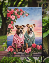 Load image into Gallery viewer, Staffordshire Bull Terrier Two Hearts Garden Flag –  Romantic Dog Pair with Sunset &amp; Mountain Background