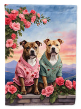 Load image into Gallery viewer, Staffordshire Bull Terrier Two Hearts Garden Flag –  Romantic Dog Pair with Sunset &amp; Mountain Background