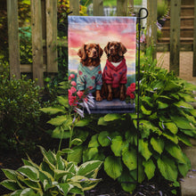 Load image into Gallery viewer, Sussex Spaniel Two Hearts Garden Flag –  Romantic Dog Pair with Sunset &amp; Mountain Background