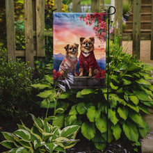 Load image into Gallery viewer, Tibetan Spaniel Two Hearts Garden Flag –  Romantic Dog Pair with Sunset &amp; Mountain Background