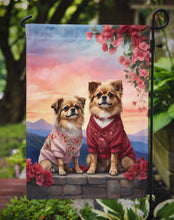 Load image into Gallery viewer, Tibetan Spaniel Two Hearts Garden Flag –  Romantic Dog Pair with Sunset &amp; Mountain Background