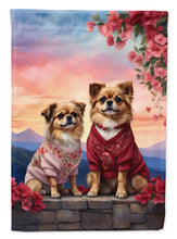 Load image into Gallery viewer, Tibetan Spaniel Two Hearts Garden Flag –  Romantic Dog Pair with Sunset &amp; Mountain Background