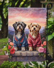 Load image into Gallery viewer, Tibetan Terrier Two Hearts Garden Flag –  Romantic Dog Pair with Sunset &amp; Mountain Background