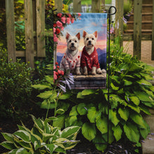 Load image into Gallery viewer, Westie Two Hearts Garden Flag –  Romantic Dog Pair with Sunset &amp; Mountain Background