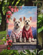 Load image into Gallery viewer, Westie Two Hearts Garden Flag –  Romantic Dog Pair with Sunset &amp; Mountain Background