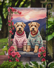 Load image into Gallery viewer, Wheaten Terrier Two Hearts Garden Flag –  Romantic Dog Pair with Sunset &amp; Mountain Background