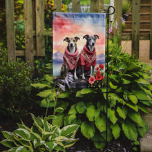 Load image into Gallery viewer, Whippet Two Hearts Garden Flag –  Romantic Dog Pair with Sunset &amp; Mountain Background