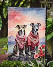 Load image into Gallery viewer, Whippet Two Hearts Garden Flag –  Romantic Dog Pair with Sunset &amp; Mountain Background
