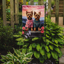 Load image into Gallery viewer, Yorkshire Terrier Two Hearts Garden Flag –  Romantic Dog Pair with Sunset &amp; Mountain Background