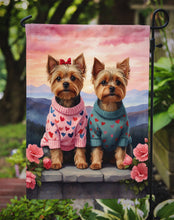 Load image into Gallery viewer, Yorkshire Terrier Two Hearts Garden Flag –  Romantic Dog Pair with Sunset &amp; Mountain Background