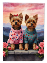 Load image into Gallery viewer, Yorkshire Terrier Two Hearts Garden Flag –  Romantic Dog Pair with Sunset &amp; Mountain Background