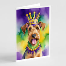 Load image into Gallery viewer, Airedale Terrier King of Mardi Gras Greeting Cards - Blank Note Cards – 8-Pack of Artist-Designed Cards with Envelopes