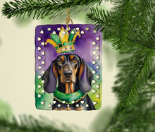 Load image into Gallery viewer, Black and Tan Coonhound King of Mardi Gras Porcelain Ornament