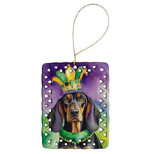 Load image into Gallery viewer, Black and Tan Coonhound King of Mardi Gras Porcelain Ornament