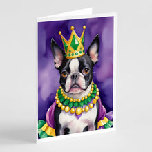 Load image into Gallery viewer, Boston Terrier King of Mardi Gras Greeting Cards - Blank Note Cards – 8-Pack of Artist-Designed Cards with Envelopes