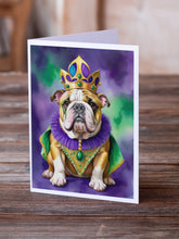 Load image into Gallery viewer, English Bulldog King of Mardi Gras Greeting Cards - Blank Note Cards – 8-Pack of Artist-Designed Cards with Envelopes