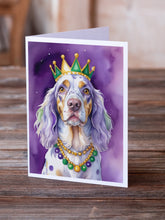 Load image into Gallery viewer, English Setter King of Mardi Gras Greeting Cards - Blank Note Cards – 8-Pack of Artist-Designed Cards with Envelopes